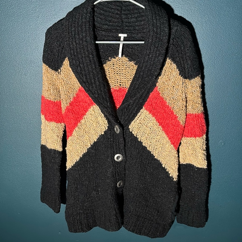 Free People Black, Red, and Tan Cardigan Sweater